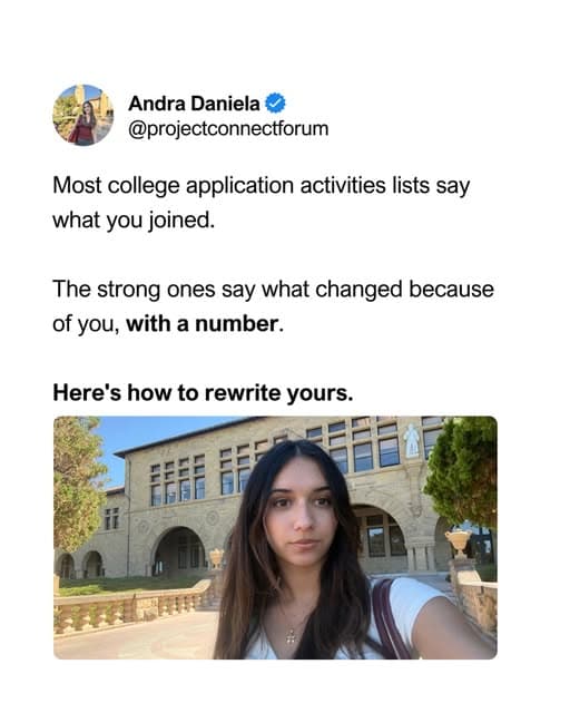 Andra’s post about describing the impact of an activity, with a photo outside a campus building