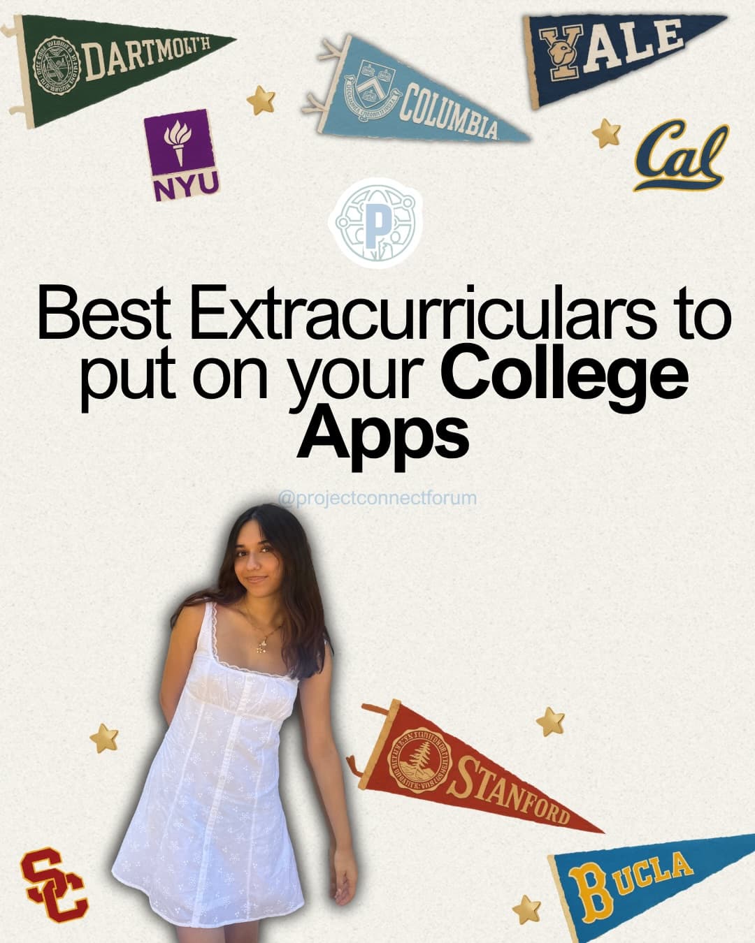 PCF's extracurricular guide with Andra and illustrated college pennants on a paper background